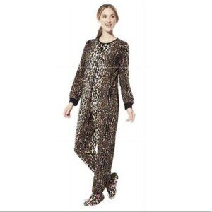 NICK & NORA women's size small S animal cheetah print one piece fleece pj pajama